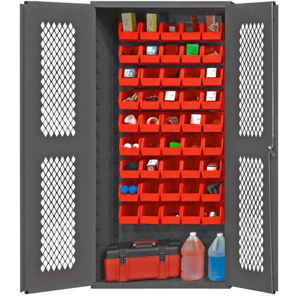 A Durham storage cabinet with red ventilated doors and red bins.