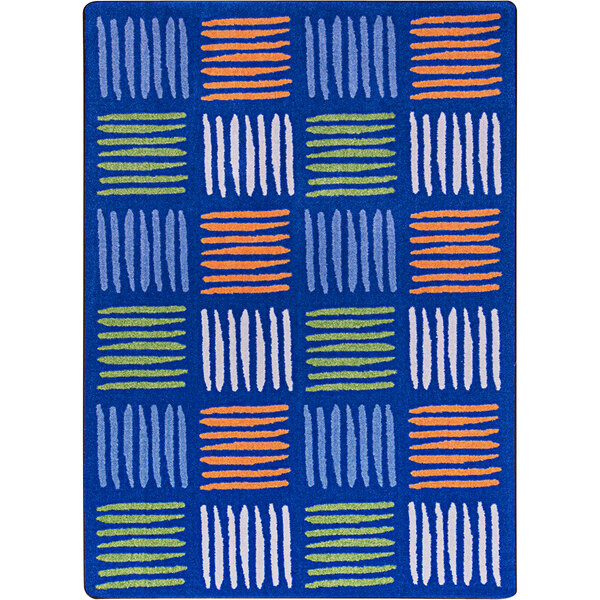 A multicolored rectangular area rug with blue, white, and orange lines.