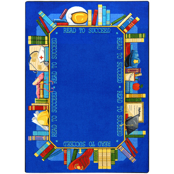 A blue rectangular area rug with a border of books and text in yellow.