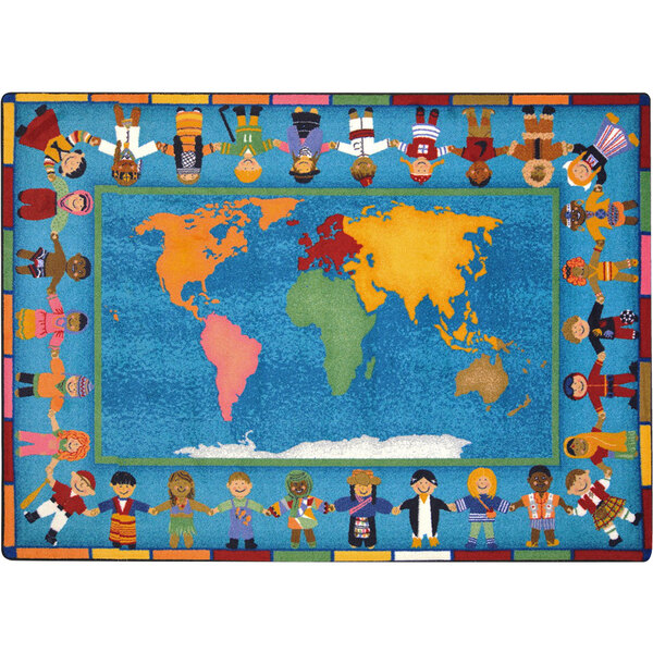 A Joy Carpets area rug with cartoon characters of children holding hands around the world.