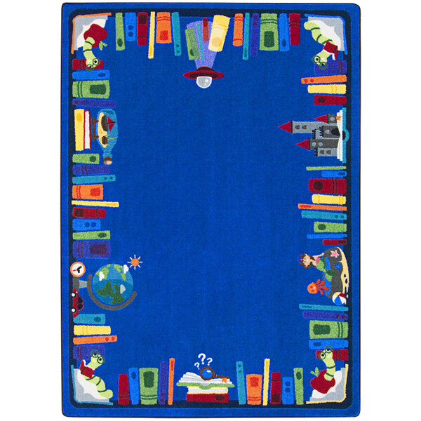 A multi-colored area rug with a picture of books on it.