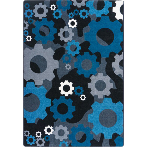 A sapphire blue rectangular area rug with black and white gears on it.