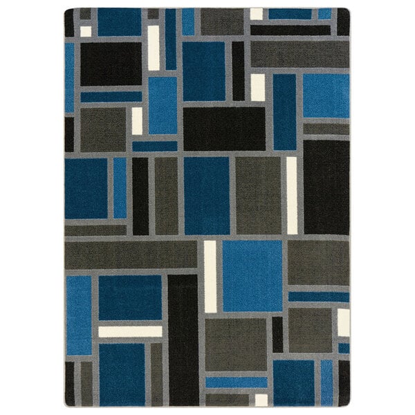 A blue and black rectangular area rug with squares and lines in sapphire blue.