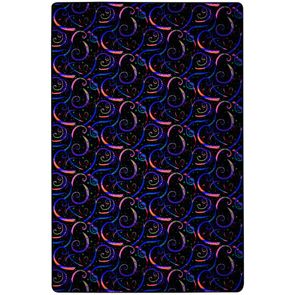 A white rectangular area rug with neon colored swirls and lines.