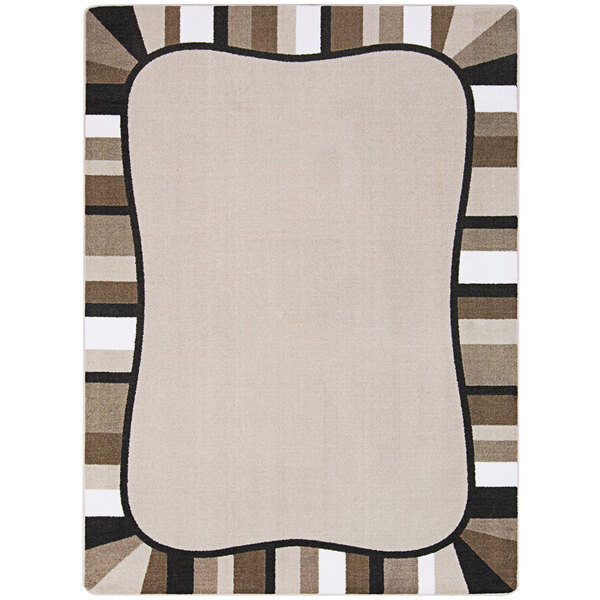 A Joy Carpets neutral rectangle area rug with a black border and beige stripes.