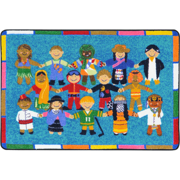 A white rectangle area rug with a close-up of a cartoon of a group of children holding hands.