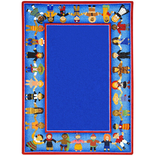A blue rectangular area rug with cartoon characters of children from different cultures.