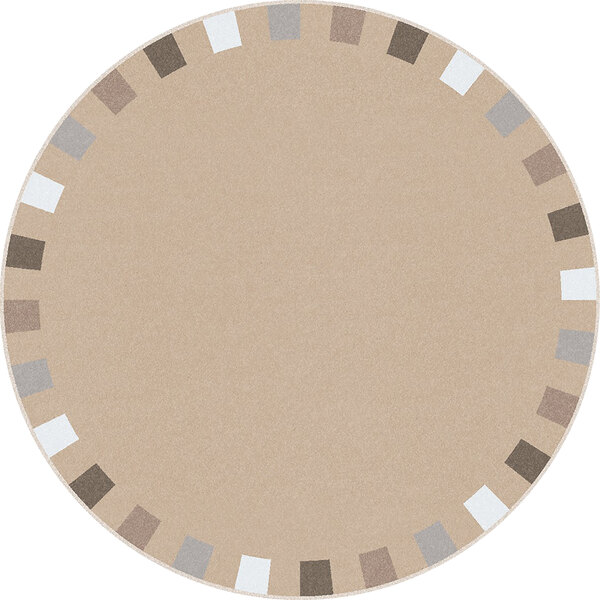 A Joy Carpets Kid Essentials On The Border round area rug with a brown and white circular border around a neutral center.
