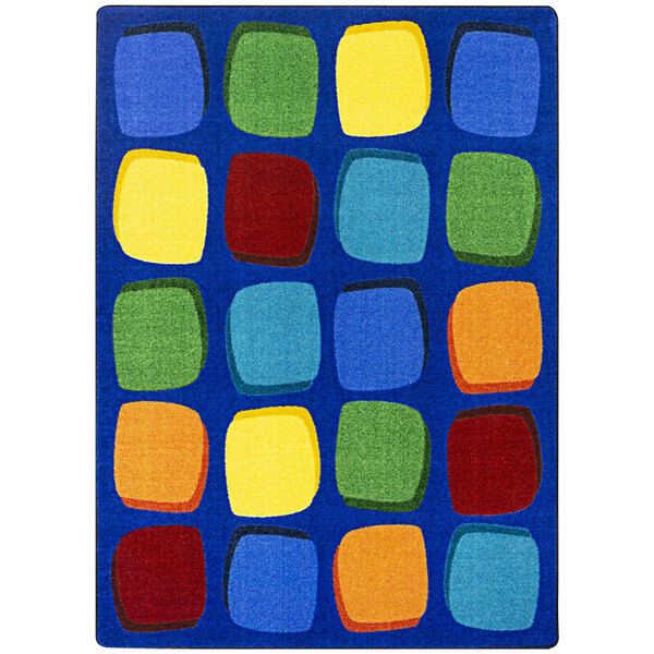 A multicolored rectangular area rug with blue and yellow squares and black borders.