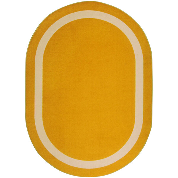 A yellow oval area rug with a white border.