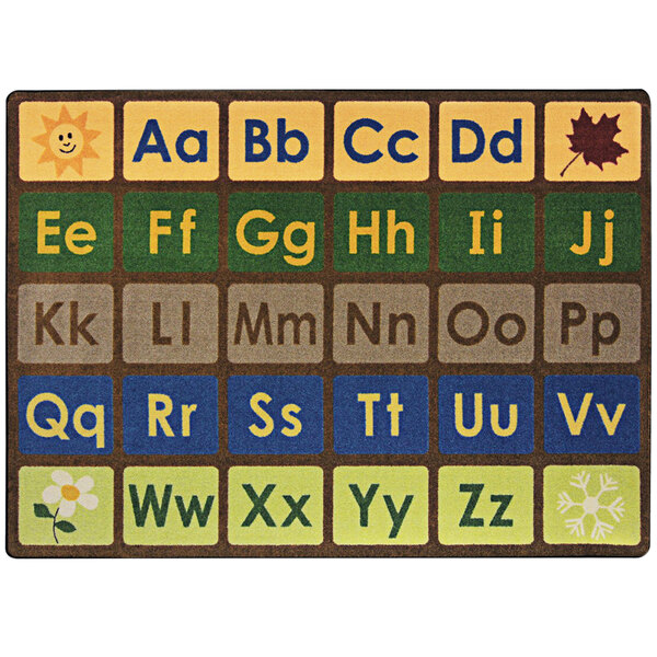 An Earthtone rectangle area rug with a colorful alphabet and various letters on it.