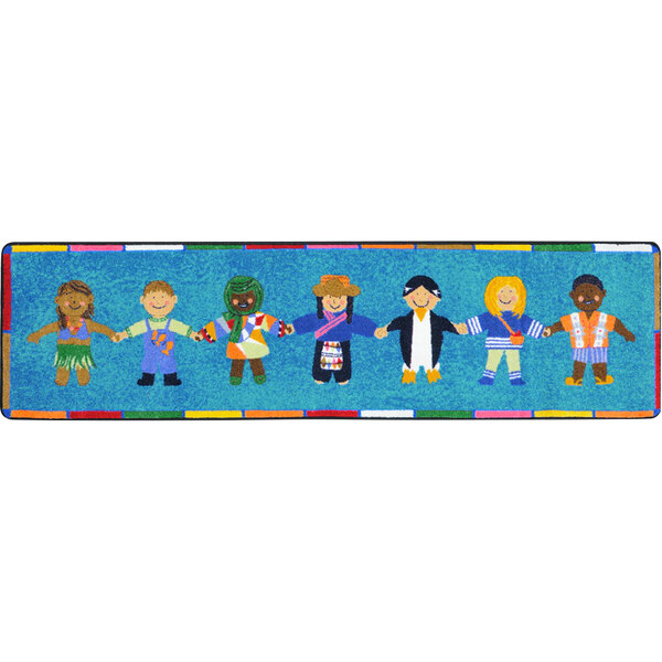 A multi-colored rectangle area rug with children holding hands around the world.