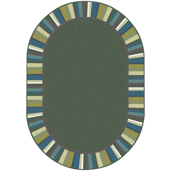 A Joy Carpets soft oval area rug with a green, blue, and yellow striped border.