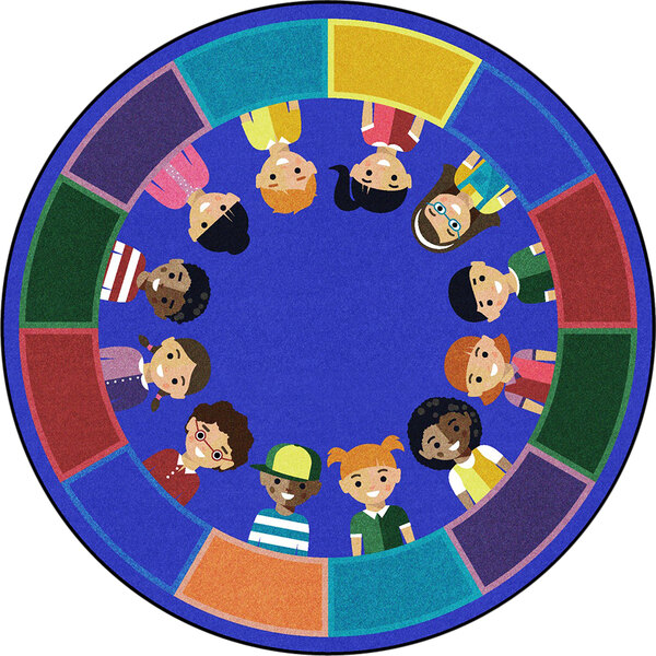 A round multi-colored area rug with a cartoon of a group of children in a circle.