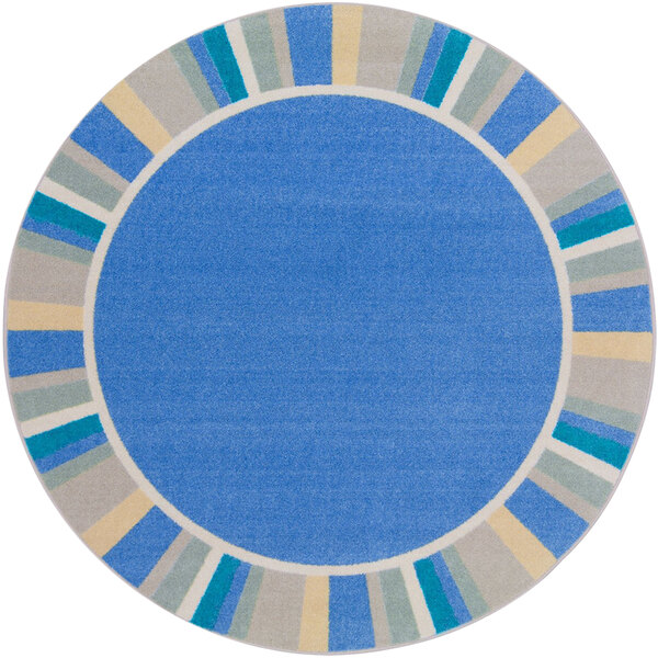 A light blue circular rug with a white border.