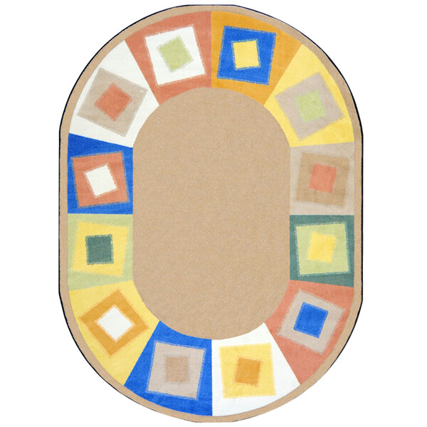 A yellow, brown, and black oval area rug with a pattern of squares and rectangles.