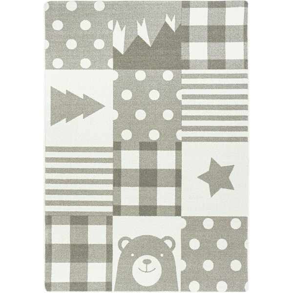 A linen rectangular area rug with a bear and stars in a patchwork pattern.