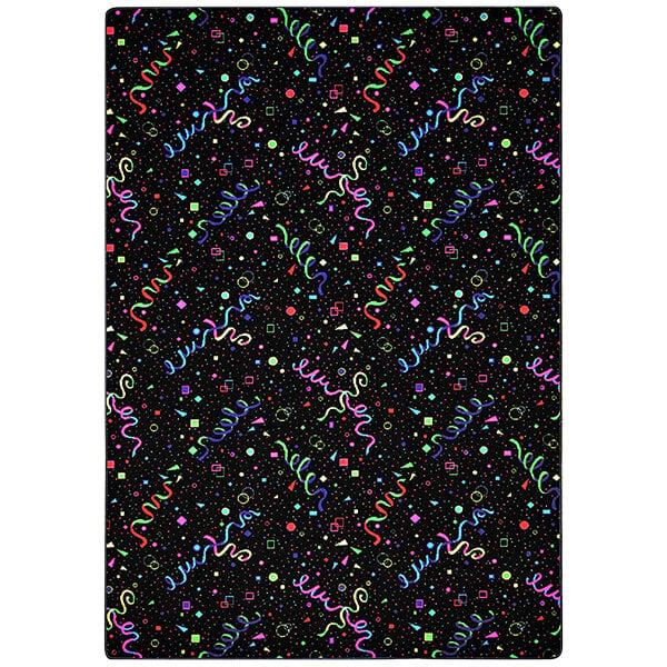 A black rectangular area rug with colorful confetti and ribbons.