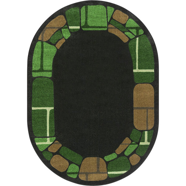 An oval black and green Joy Carpets Kid Essentials BioStones area rug with a black border and stone pattern.