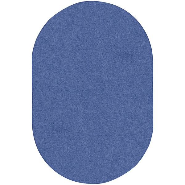 A cobalt blue oval area rug with a white background.