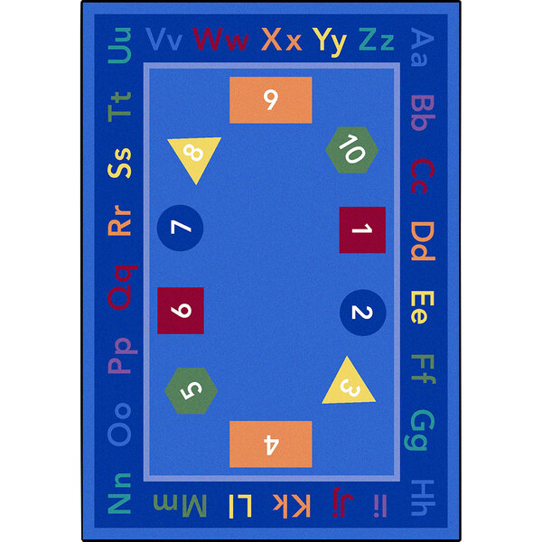 A multi-colored rectangular rug with letters and numbers.