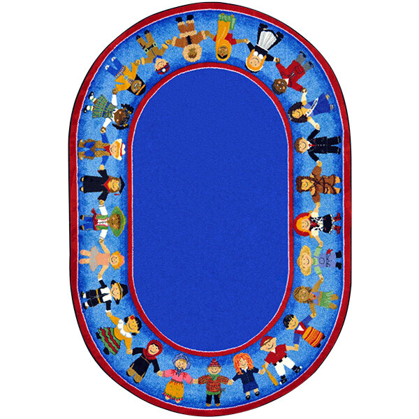 A blue oval rug with cartoon characters of children from different cultures.