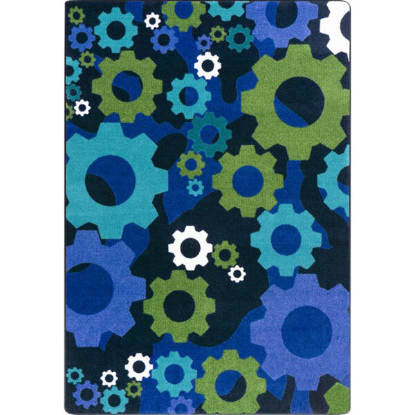A violet rectangular area rug with a pattern of gears in blue, green, and black.