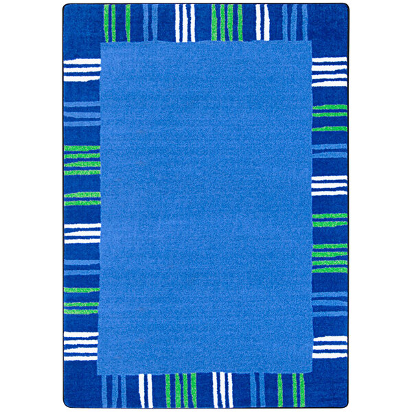 A white rectangular area rug with blue and green stripes.