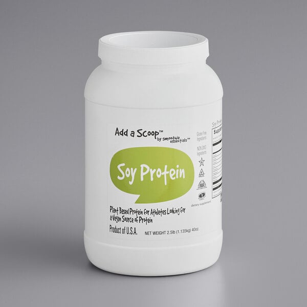 A white plastic container of Add A Scoop Soy Protein Supplement Powder with a green label.