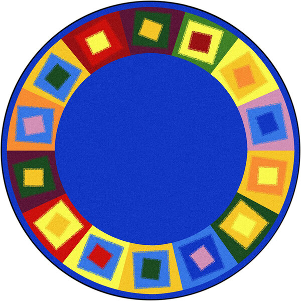 A white round area rug with a colorful circle and squares around a blue circle.