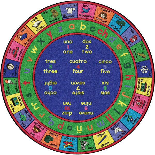 A colorful circular rug with letters and numbers in Spanish.