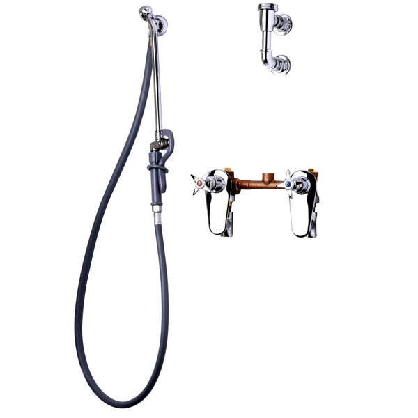 A T&S bedpan washer faucet with a hose and extended spray nozzle.