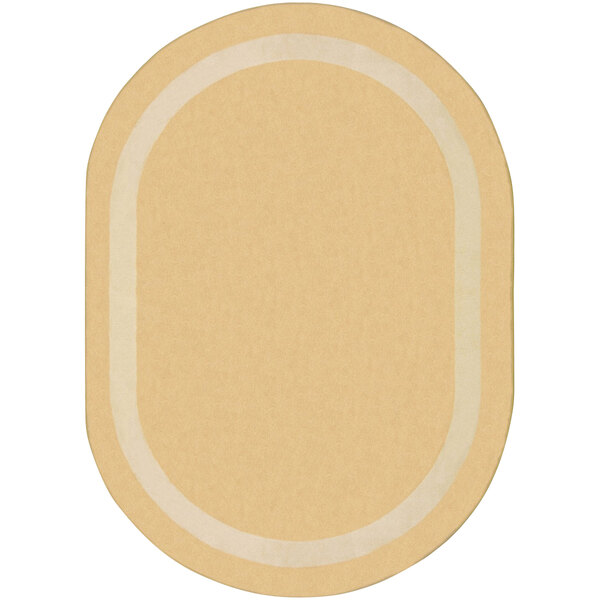 A beige oval rug with a white border.