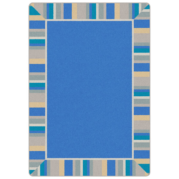 A light blue rectangular area rug with a blue border and white stripes.