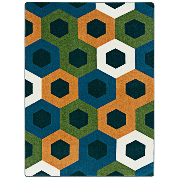 A Joy Carpets rectangular area rug with a colorful hexagon pattern including blue, green and orange.