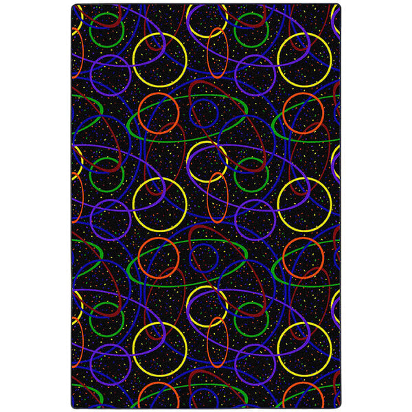 A black rectangular area rug with colorful circles on it.