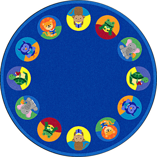 A multi-colored round rug with animals on it.