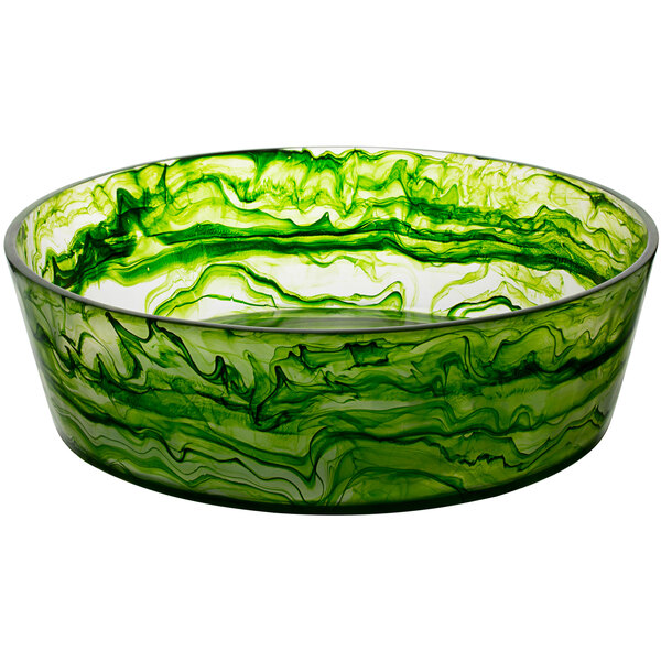 A green Bon Chef resin bowl with white swirls and black lines.