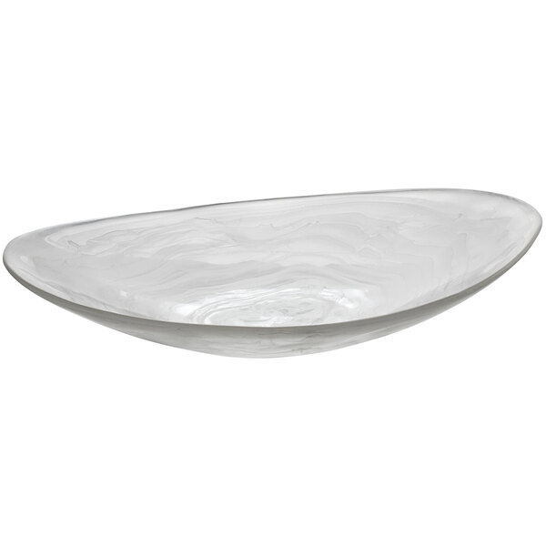 A white oval bowl with a curved edge.