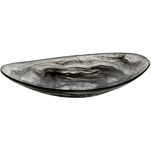 A black and white Bon Chef oval shallow bowl with a swirl design.