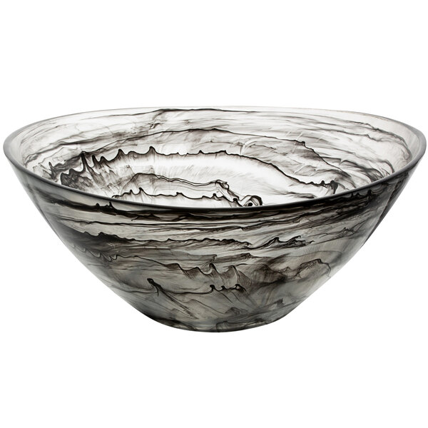 A black oval bowl with black and white swirls.