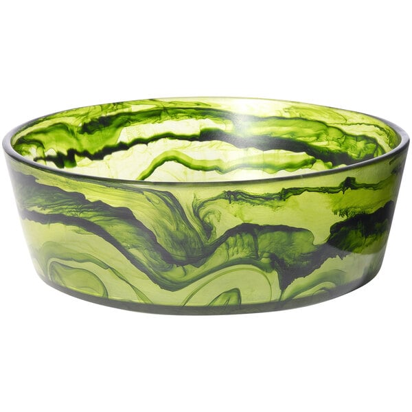 A green Bon Chef resin bowl with black swirls.