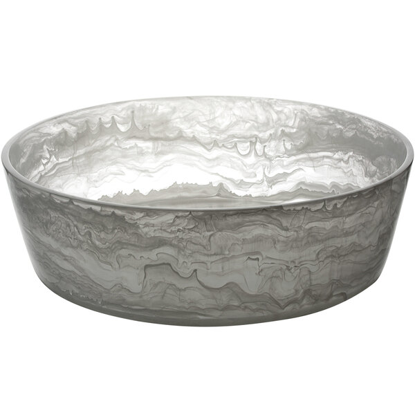A Bon Chef round serving bowl with a gray marble swirl pattern.
