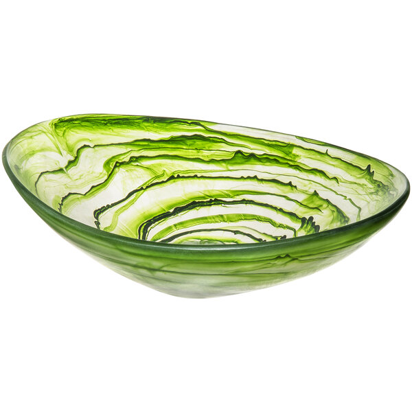 A green and white Bon Chef oval serving bowl with swirls.