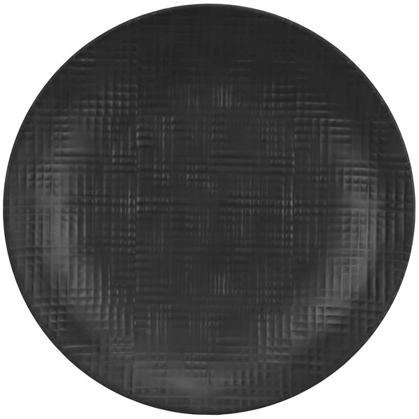 A Cal-Mil black melamine plate with a textured pattern.