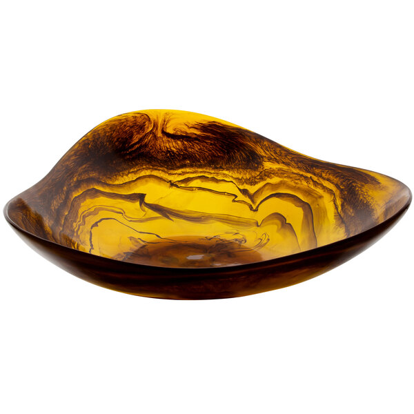 A yellow and black curved triangle Bon Chef resin bowl.