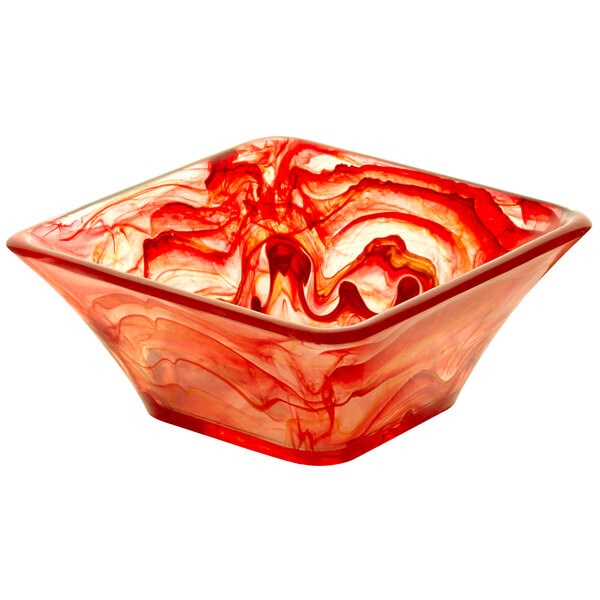 A red square Bon Chef resin bowl with white swirls.