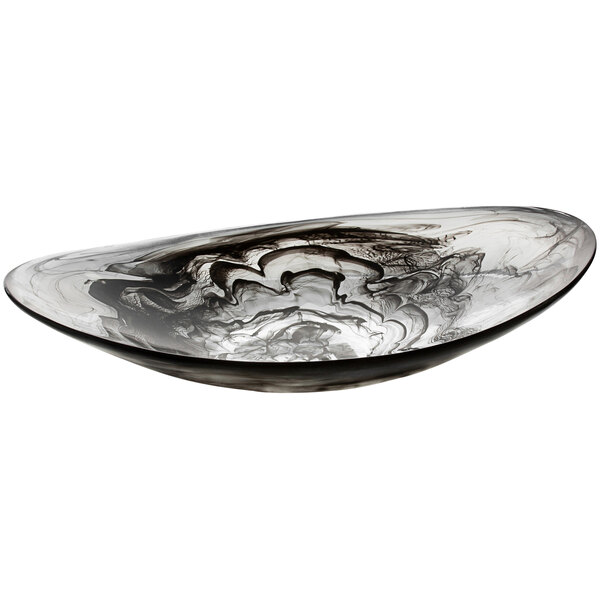 A black and white Bon Chef oval shallow resin bowl with swirls.
