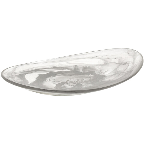 A clear oval shaped resin bowl with a white background.
