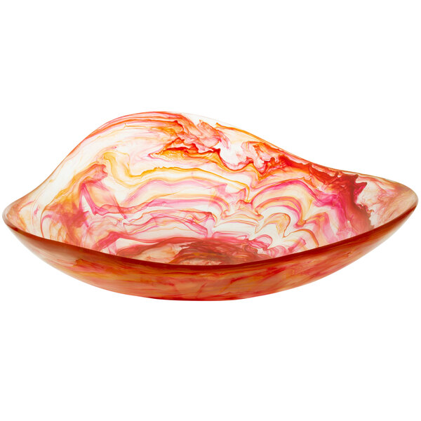 A Bon Chef triangle bowl with a red and yellow swirl design.